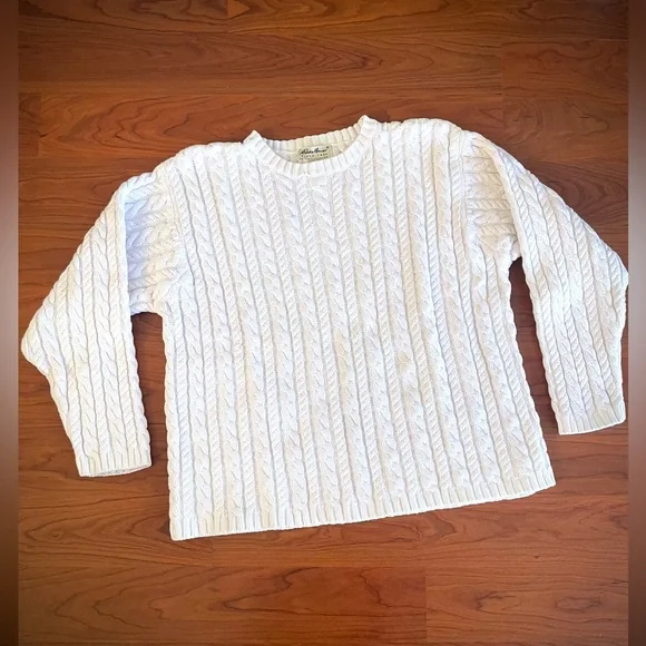 VTG Eddie Bauer Cable Knit Sweater White Chunky Fisherman 100% Cotton sz L - XL - Picture 2 of 7